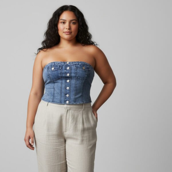 Top strapless denim lavado claro azul curvy fit
