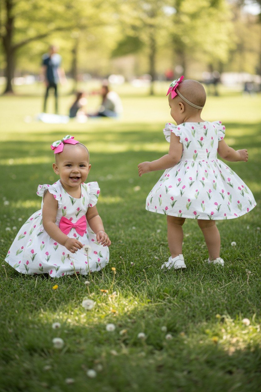 Vestido flores tulipán bebé 18-24 meses blanco con lazo rosa - Imagen 3