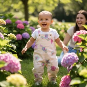 Overol largo niña 2-3 años fondo beige con flores pastel y tirantes regulables – León de María Boutique