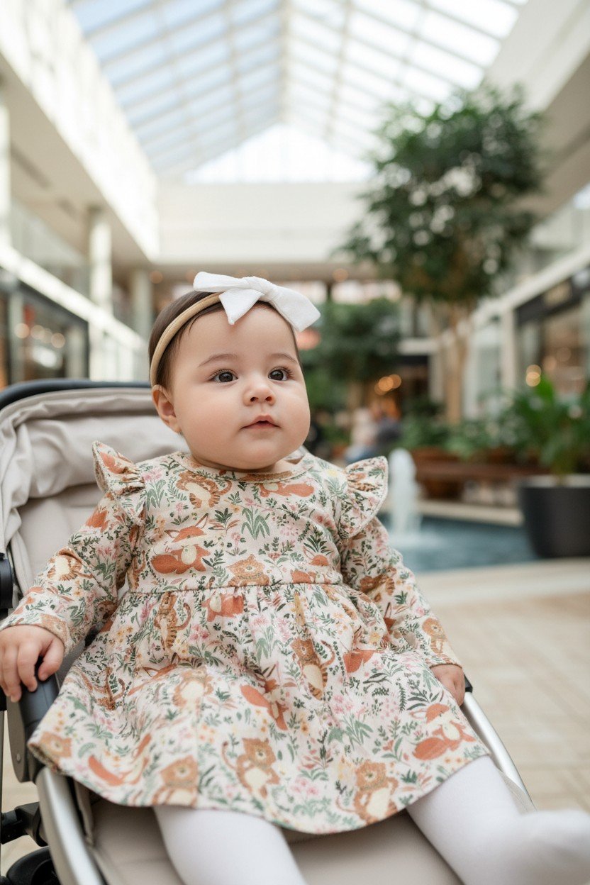 Vestido bebé 3-6 meses manga larga estampado bosque de animalitos fondo beige - Imagen 4
