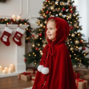 Capa capucha navideña niña terciopelo rojo con pompones blancos 5-6 años