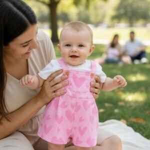Overol corto bebé 3-6 meses rosa con tirantes y corazones